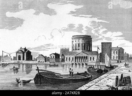 Vue de la Rotonde de Ledoux sur le Bassin de la Villette au bord du canal de l'Ourcq. In 'France Pittoresque', A. Hugo, tome I, 1835. Stock Photo