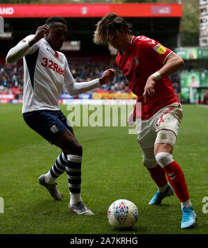 Charlton Athletic's Conor Gallagher and Preston North End's Darnell Fisher in action during the Sky Bet Championship match at The Valley, Charlton. Stock Photo