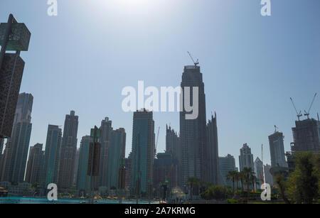 DUBAI, UNITED ARAB EMIRATES - OCTOBER 17, 2019: Dubai urban skyline at Burj Khalifa Lake near Dubai Mall in UAE