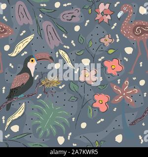 Seamless Pattern with cute exotic birds. Vector Illustration Stock Vector