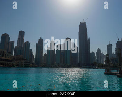 DUBAI, UNITED ARAB EMIRATES - OCTOBER 17, 2019: Dubai urban skyline at Burj Khalifa Lake near Dubai Mall in UAE Stock Photo