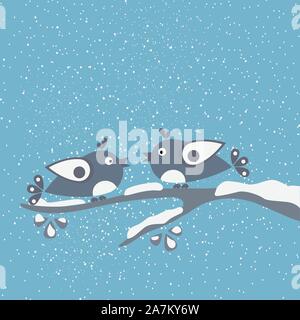 Cute Birds tweeting on a snowy day. Vector Illustration Stock Vector