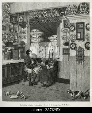 Un interieur a Marken ( Pays Bas), gravure d'apres un dessin de E.Ronjat, pour illustrer le recit la Neerlande, par Charles de Coster, en 1878, publie Stock Photo