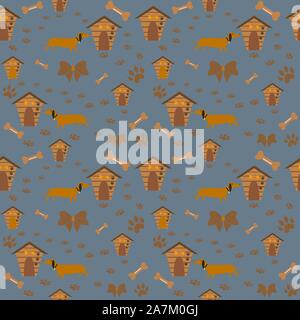 Seamless dachshund Dog Pattern with paws and dog houses. Vector Illustration Stock Vector