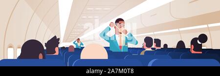 steward explaining for passengers how to use oxygen mask in emergency situation african american male flight attendants safety demonstration concept modern airplane board interior horizontal vector illustration Stock Vector