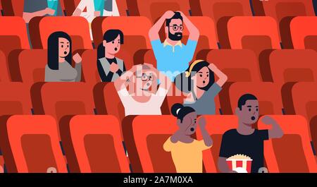 people group watching horror movie and screaming sitting in cinema with popcorn and cola mix race men women looking scared flat portrait horizontal vector illustration Stock Vector