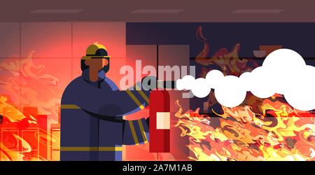 brave fireman using extinguisher firefighter in uniform and helmet firefighting emergency service concept burning house interior orange flame background portrait horizontal vector illustration Stock Vector