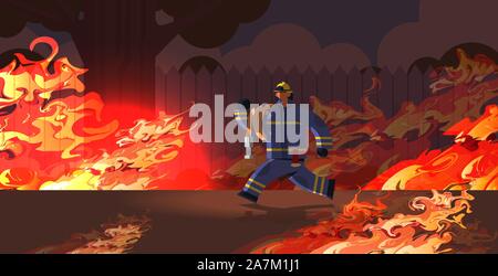 fireman carrying hose extinguishing flame in burning house backyard firefighter wearing uniform and helmet firefighting emergency service concept orange flame background full length horizontal vector illustration Stock Vector