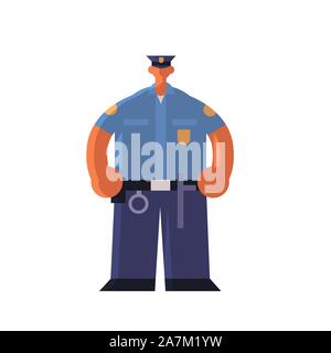 male police officer standing pose policeman in uniform security authority justice law service concept flat full length white background vector illustration Stock Vector