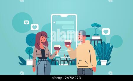 man woman drinking wine couple using mobile application online dating chat social media network virtual relationships concept flat portrait horizontal vector illustration Stock Vector