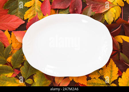 Autumn leaves with a white plate Stock Photo