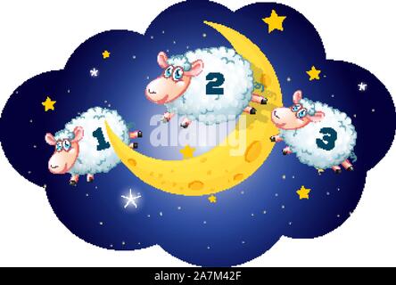 Counting sheeps at night on white background illustration Stock Vector