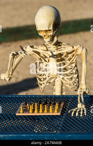 Skeleton makes a move with his king on the chess board Stock Photo