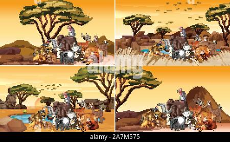 Four scenes with animals in the field illustration Stock Vector Image ...