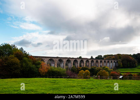 Hidden gem in Wales during Autumn - Ty Mawr Country Park. Trails are running beneath the Cefn Viaduct, past the banks of the River Dee and along the Cefn Heritage Trail, Wales, UK Stock Photo