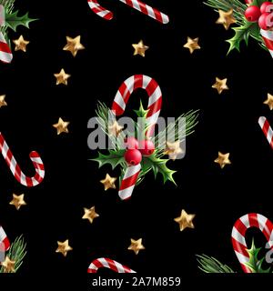 Seamless pattern with Christmas candies and holly berries. Stock Vector