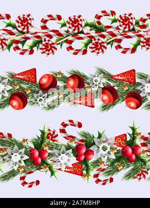 Seamless border with Christmas candies, holly berries and firs. Stock Vector