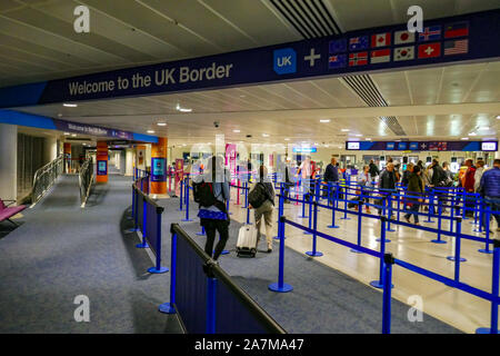 Welcome to the UK, UK border, passport control, Brexit, queue at UK border, Manchester airport Stock Photo