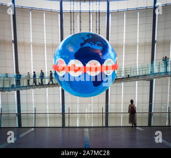 Tokyo, Japan-12 Oct 2018: Visitors are watching Geo-Cosmos, a giant globe inside Miraikan, Japan’s National Museum of Emerging Science and Innovation Stock Photo