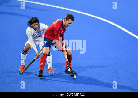 London, UK. 03th Nov, 2019. Alan Forsyth of Great Britain (right) during FIH Olympic Qualifiers match: Great Britain vs Malaysia (Men) at Lea Valley Hockey and Tennis Centre on Sunday, November 03, 2019 in LONDON ENGLAND. Credit: Taka G Wu/Alamy Live News Stock Photo