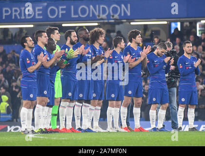 LONDON, ENGLAND - FEBRUARY 18, 2019: Chelsea players pictured ahead of the 2018/19 FA Cup Fifth Round game between Chelsea FC and Manchester United at Stamford Bridge. Stock Photo