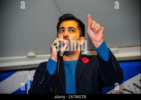 Glasgow, UK. 02nd Nov, 2019. Former Transport Minister and MSP for Glasgow Pollock Humza Yousaf (SNP) addresses the independence supporters during the IndyRef2020 rally hosted by The National Newspaper. Credit: SOPA Images Limited/Alamy Live News Stock Photo