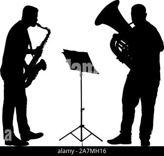 Silhouette of musician playing the saxophone and tuba on a white background. Stock Vector