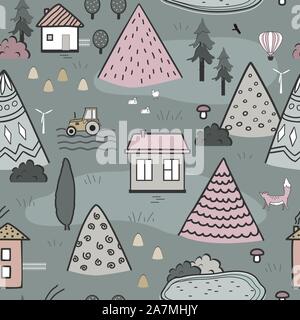 Cute doodle seamless pattern with cartoon houses, trees and mountains. Design for kids textile, floor mats, wall tapestry, or wallpapers. Summer line Stock Vector