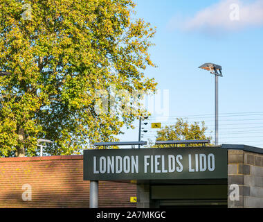 London Fields Lido name sign, Hackney, London, England, UK Stock Photo