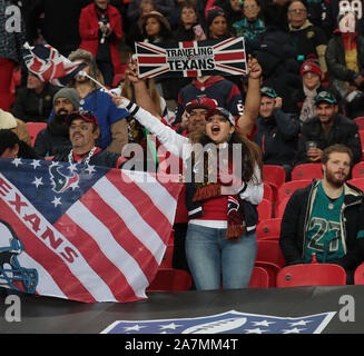 London, UK. 03rd Nov, 2019. Houston Texans supporters pose for the camera in the match against the Jacksonville Jaguars in the NFL London Series in London on Sunday, November 03, 2019.Houston Texans beat the Jacksonville Jaguars 26-3. Photo by Hugo Philpott/UPI Credit: UPI/Alamy Live News Stock Photo