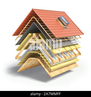 Construction of roof from ceramic tiles. Roof cover in layers isolaetd on white. 3d illustration Stock Photo