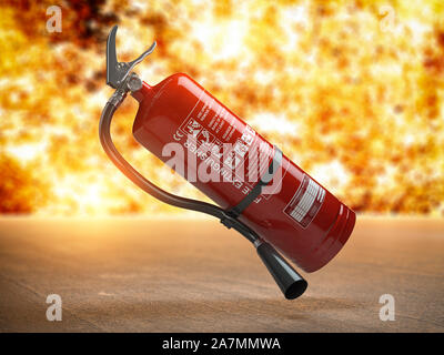 Fire extinguisher on a fire background. 3d illustration Stock Photo