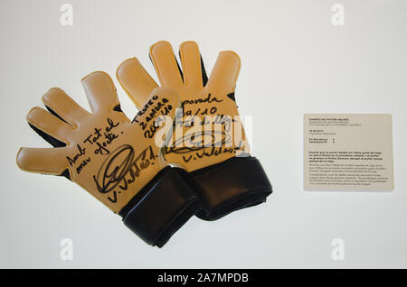 Goalkeeper gloves of Victor Valdes in the museum of FC Barcelona at the stadium Camp Nou. Barcelona, June 2014. Stock Photo