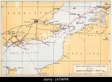 papenburg, germany - 2019.11.03: 1931 historic map / sea chart of the english channel from rotterdamsche lloyd passenger route atlas 1931, g j j de jo Stock Photo