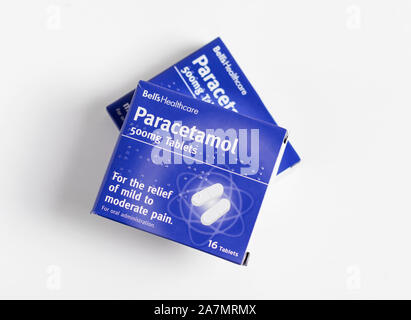 London / UK - October 30th 2019 - Two packets of Paracetamol painkillers from Bell’s Healthcare, closeup with a shallow depth of field Stock Photo