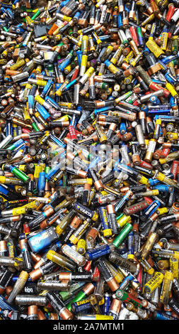 Old used batteries ready to be recycled in a factory in Gebze, Turkey Stock Photo