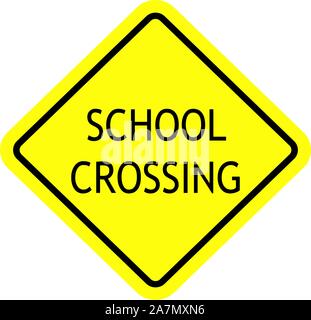 School crossing (words) caution sign vector illustration. Yellow, black. Stock Vector