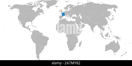 France marked by blue in world map vector political. European country. Stock Vector