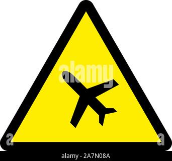 Caution airplane warning sign vector illustration. Yellow triangle sign board. Stock Vector