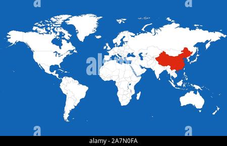 World map highlighted china with red color vector illustration. Blue background. Stock Vector