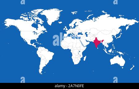 World map highlighted india with pink color vector illustration. Blue background. Stock Vector