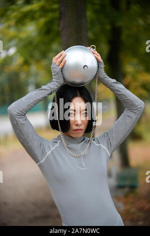 South Korean hip-hop dancer and choreographer Kim Hye Rang or Lia Kim poses for street snaps during the Marine Serre Womenswear Spring/Summer 2020 sho Stock Photo