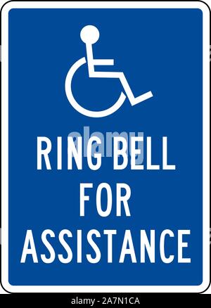 Ring bell for assistance or Handicap assistance sign vector illustration. Blue, white. Hospital symbol. Stock Vector