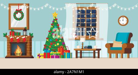 Cozy new year holiday decorated living room interior with night window winter rural landscape in flat cartoon style. Stock Vector