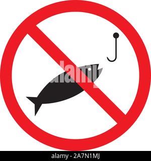 No fishing sign vector illustration. Not allowed prohibited caution symbol. Red circle. Stock Vector