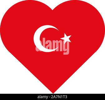 Turkey flag heart shape vector icon illustration. Turkish patriotic love symbol. Perfect for sticker, sign, symbol, icon, label etc. Stock Vector