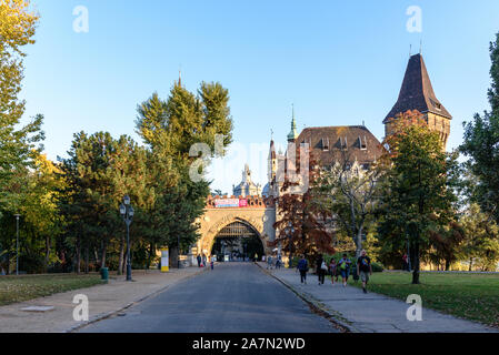 The entrance to Vajdahunyad Castle in the City Park of Budapest at golden hour in autumn Stock Photo