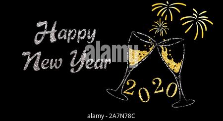 Two glasses of champagne and the words Happy New Year 2020 with glitter effect, vector illustration Stock Vector