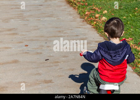 A young toddler, a 2-year-old little boy, rides his tricycle on a sidewalk. Riding the trike away, he has a red and navy jacket and green pants. Stock Photo