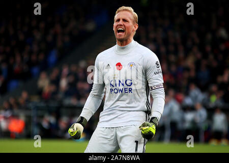 London, UK. 03rd Nov, 2019. Kasper Schmeichel of Leicester City celebrates his team's second goal during the Premier League match between Crystal Palace and Leicester City at Selhurst Park, London, England. Photo by Tom Smeeth. Editorial use only, license required for commercial use. No use in betting, games or a single club/league/player publications. Credit: UK Sports Pics Ltd/Alamy Live News Stock Photo